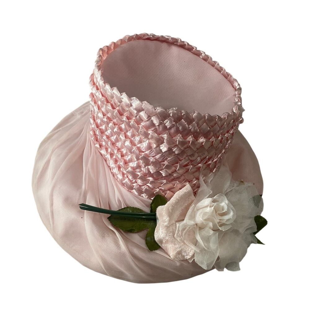 VTG Charnette New York Pink Pillbox Derby Hat Floral Chiffon Cellophane
